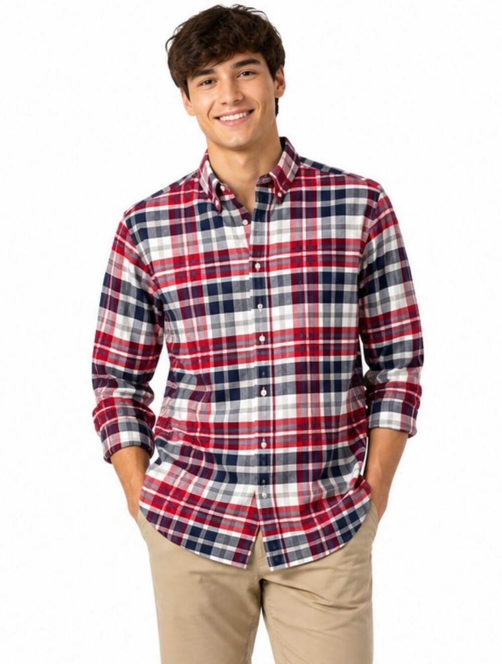 NWT Chaps Men's Large Red Blue White Plaid Casual Button-Down Shirt